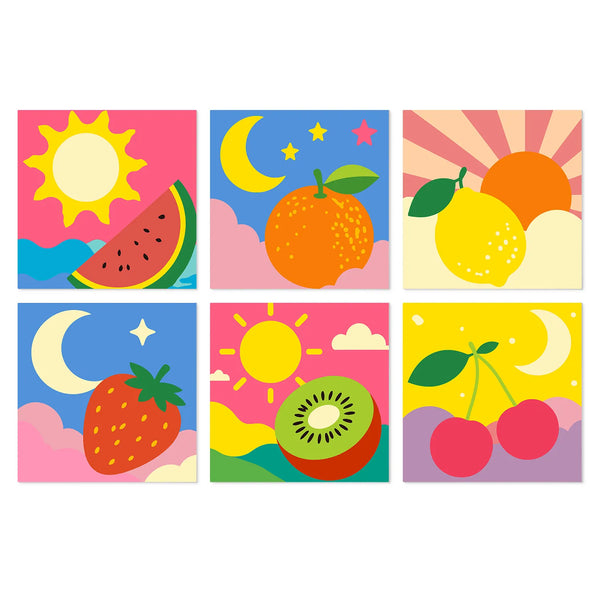 Pop Art Sun, Moon & Fruit mini paint by numbers set featuring six bold retro fruit and celestial designs