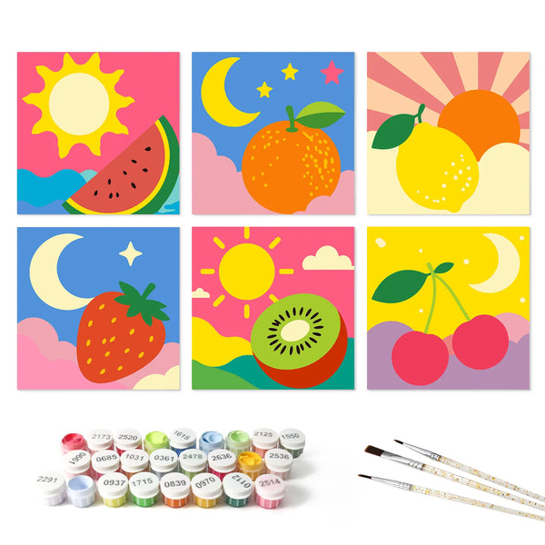 Pop Art Sun, Moon & Fruit mini paint by numbers set finished canvas mockup