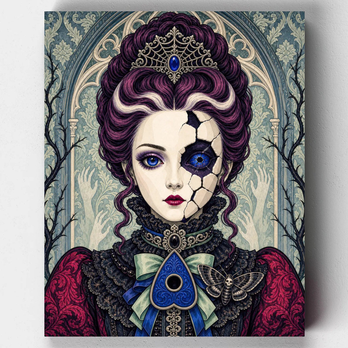 Porcelain Sorrow. A doll-like woman with a cracked porcelain cheek and cascading purple hair anchors this Victorian gothic Halloween paint by numbers kit.