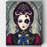 Porcelain Sorrow. A doll-like woman with a cracked porcelain cheek and cascading purple hair anchors this Victorian gothic Halloween paint by numbers kit.