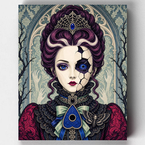 Porcelain Sorrow. A doll-like woman with a cracked porcelain cheek and cascading purple hair anchors this Victorian gothic Halloween paint by numbers kit.