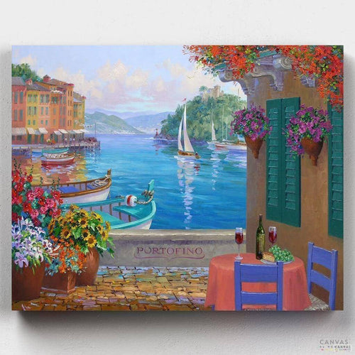 Portofino Reflections. Take a seat, sip some wine, relax and enjoy watching the reflections of Portofino across the water with this paint by numbers kit. Only at Canvas by Numbers.