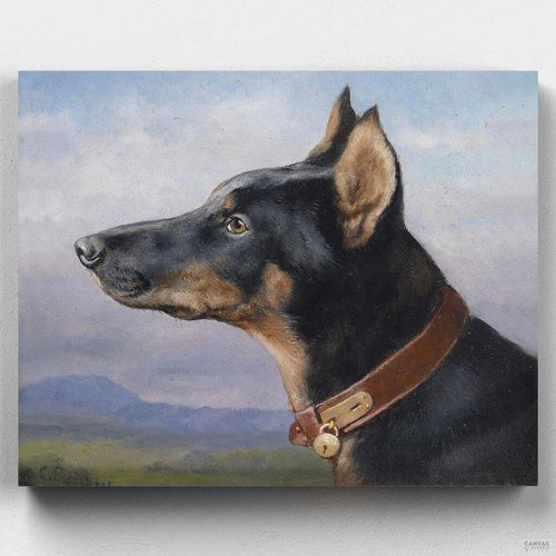 Portrait of a Doberman. Craft your own 'Portrait of a Doberman' with our dog paint-by-numbers kit. Explore the noble intensity of a Doberman painting inspired by Carl Reichert.