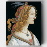 Famous painting of a woman's head with detailed hair and jewelry on a black background