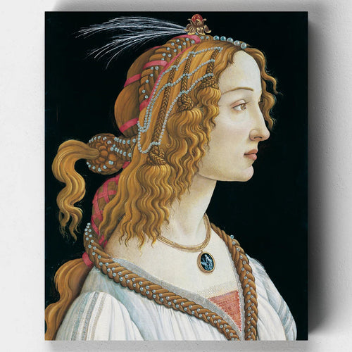 Famous painting of a woman's head with detailed hair and jewelry on a black background