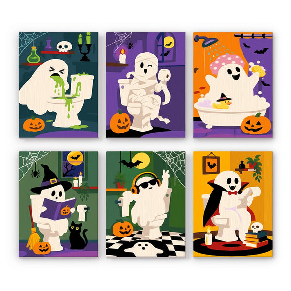 Potty Humor Phantoms mini paint by numbers set showing all six Halloween designs