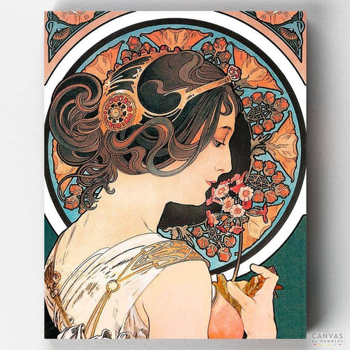 Primrose. A female portrait paint by numbers by Alphonse Mucha, a reference to the Art Nouveau movement. Enjoy paint by numbers done right! Rated excellent in Trustpilot.