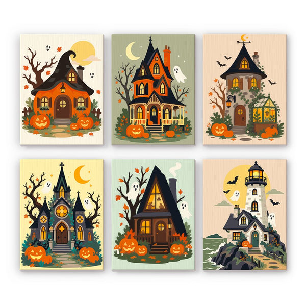 Pumpkin Cottage Village mini paint by numbers set showing all six Halloween designs