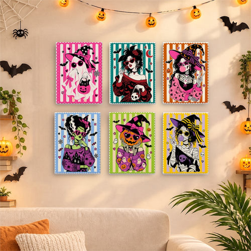 Punk Pop Ghouls mini canvases displayed together in a cozy Halloween living room