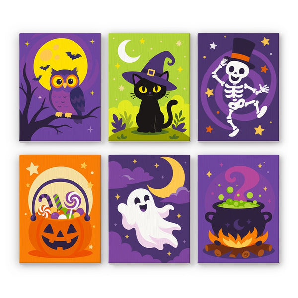 Purple Night Parade mini paint by numbers set showing all six Halloween designs