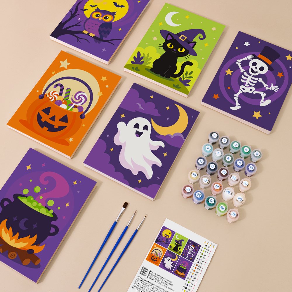 Purple Night Parade kit contents with six numbered canvases, paints, brushes and reference sheet