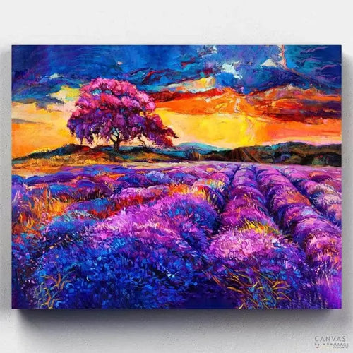Purple Sunset & Lavender Field Painting. Recreate the Purple Sunset painting with Canvas by Numbers. Immerse in the beauty of a purple sunset and lavender fields painting with our paint by numbers kit.