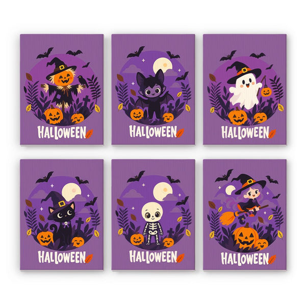 Purple Wreath Costume Crew mini paint by numbers set showing all six Halloween designs