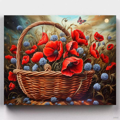 Radiant Poppies. Bring vibrant poppies to life with our Poppies in Basket paint by numbers kit. Ideal for creating beautiful floral art with ease.