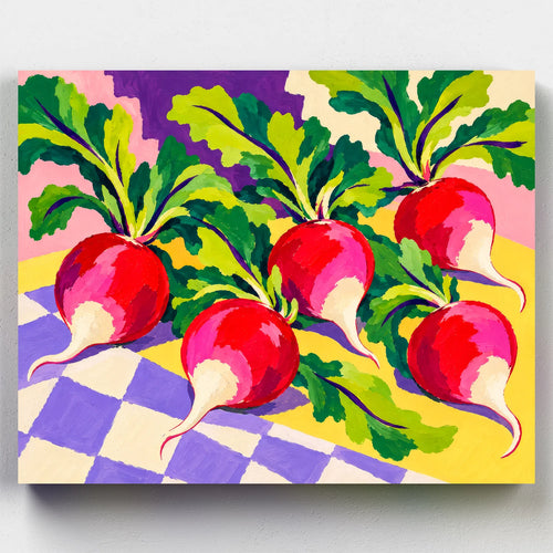 Radish Rhapsody paint by numbers kit with pink radishes and green leaves on a purple checkered cloth