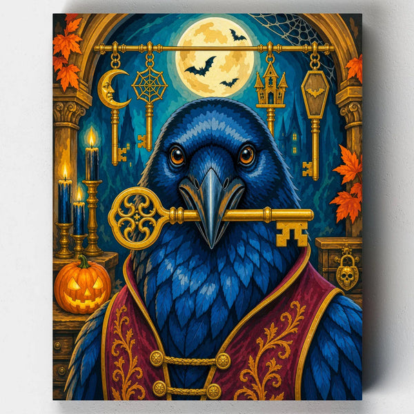Raven's Toll. A watchful blue raven clutches a golden key beside a glowing jack-o'-lantern and full moon in this richly detailed Halloween paint by numbers kit.