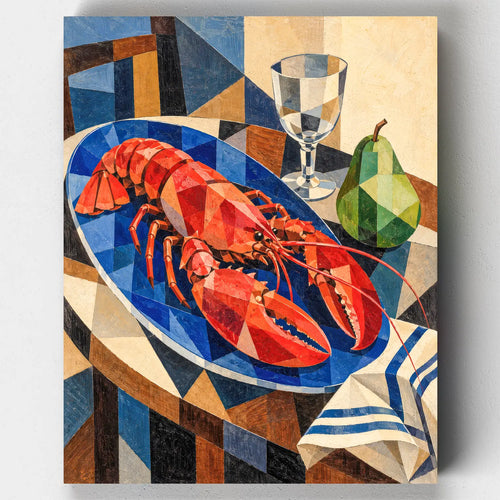 Red Lobster, Blue Room paint by numbers kit with a cubist red lobster on a blue plate beside a glass and pear
