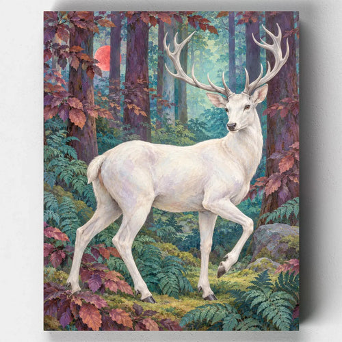 Red Moon Hart paint by numbers kit with a white stag in a misty forest under a red moon