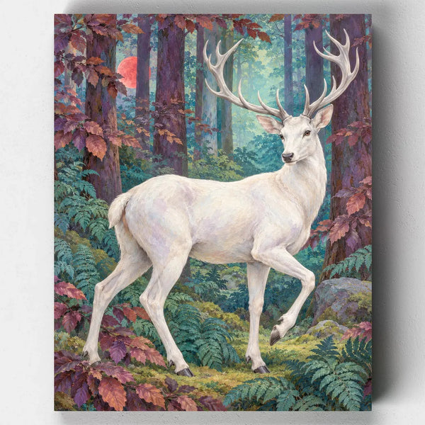 Red Moon Hart paint by numbers kit with a white stag in a misty forest under a red moon