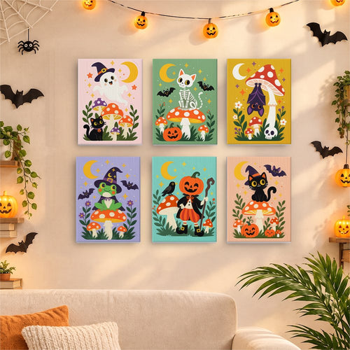 Red Mushroom Hideouts mini canvases displayed together in a cozy Halloween living room