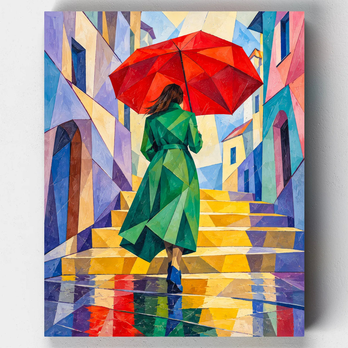 Red Umbrella paint by numbers kit with a woman in a green coat under a red umbrella in a cubist street