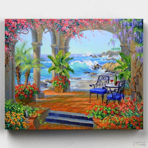 Refreshing Oasis. Breathe in the fresh ocean air, take a sip of wine and enjoy the magical music of the crashing surf just beyond the terrace of this paint by numbers.