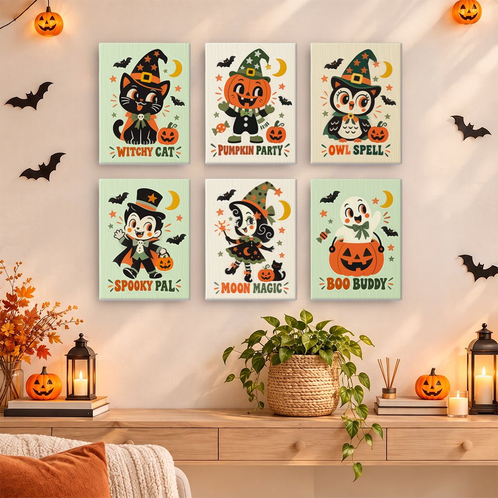 Retro Halloween Mascots mini paint by numbers set hung as a small Halloween gallery wall
