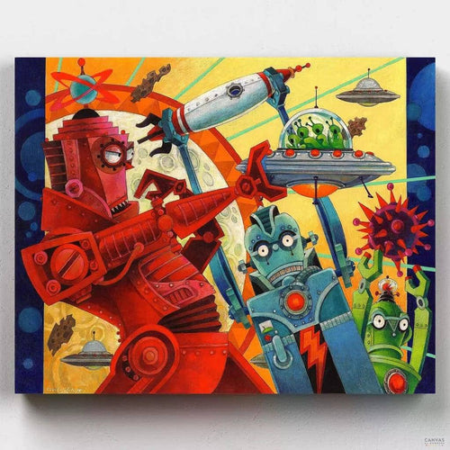 Robotic Uprising. Dive into the action-packed world of robot painting with our Robotic Uprising Paint by Numbers Kit. Bring this epic battle to life on premium canvas today.