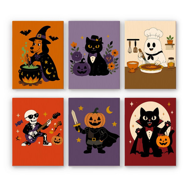 Rock 'n' Roll Monsters mini paint by numbers set showing all six Halloween designs