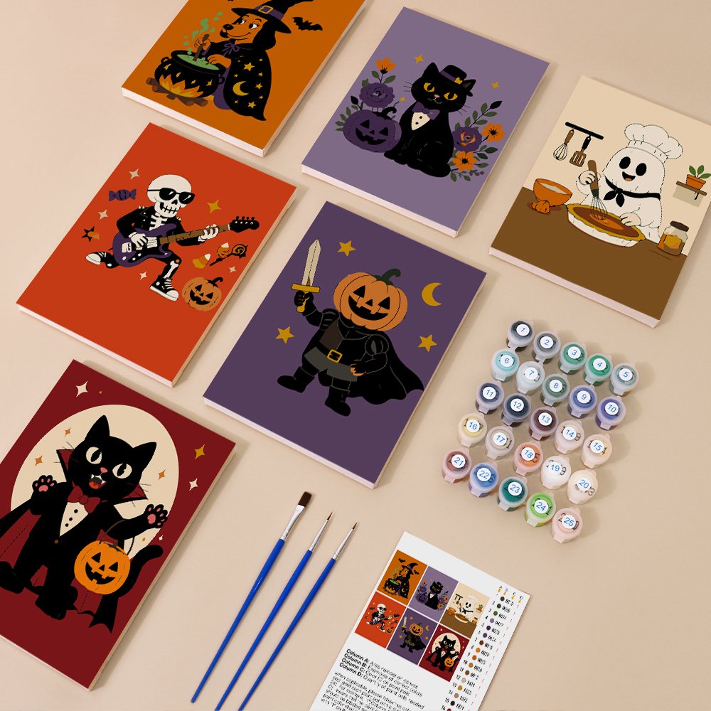 Rock 'n' Roll Monsters kit contents with six numbered canvases, paints, brushes and reference sheet