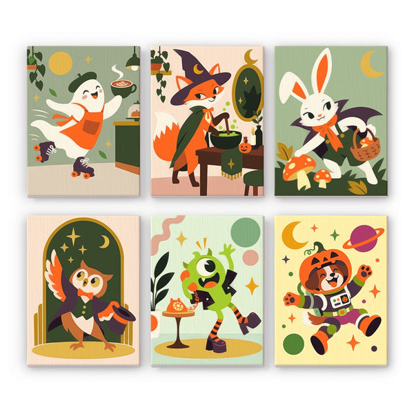 Roller Skate Ghost & Pals mini paint by numbers set showing all six Halloween designs