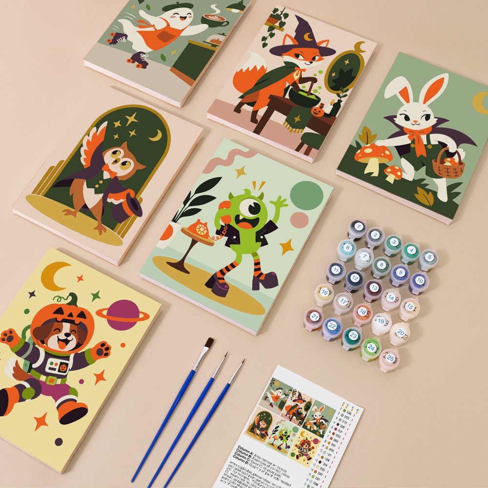 Roller Skate Ghost & Pals kit contents with six numbered canvases, paints, brushes and reference sheet