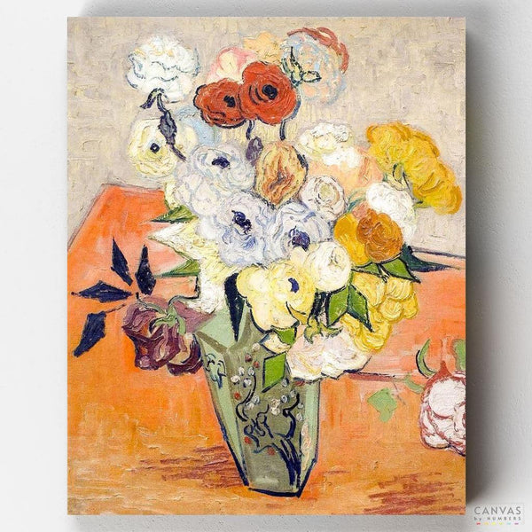 Roses and Anemones - Paint by Numbers - "Roses and Anemones," painted by Vincent Van Gogh in the days before leaving Saint-Remy, is part of a series of still-life paintings of cut flowers. This piece, created in June, features an array of flowers in a vase, displaying a strong oriental influence and unique perspective. Van Gogh's use of vibrant colors and dynamic brushstrokes brings the flowers to life - Canvas by Numbers
