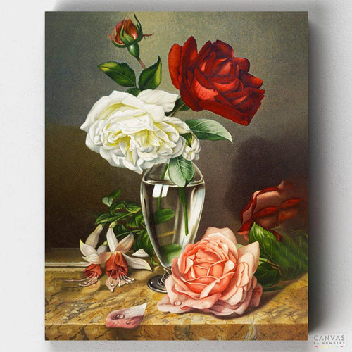 Roses in a Glass. Capture the essence of love with Roses in a Glass Vase paint by numbers. Miriam and Ira D. Wallach's masterpiece comes alive in this romantic painting kit.