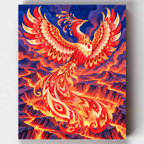 Ruby Firebird paint by numbers kit with a red and gold phoenix rising over lava