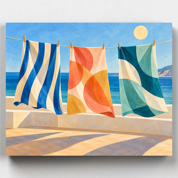 Saltwater Stripes paint by numbers kit with three colorful beach towels on a line above the sea