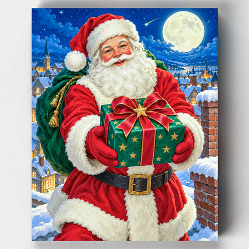 Santa's Midnight Delivery. Santa holds a wrapped gift on a snowy rooftop under a full moon in this Christmas paint by numbers kit.