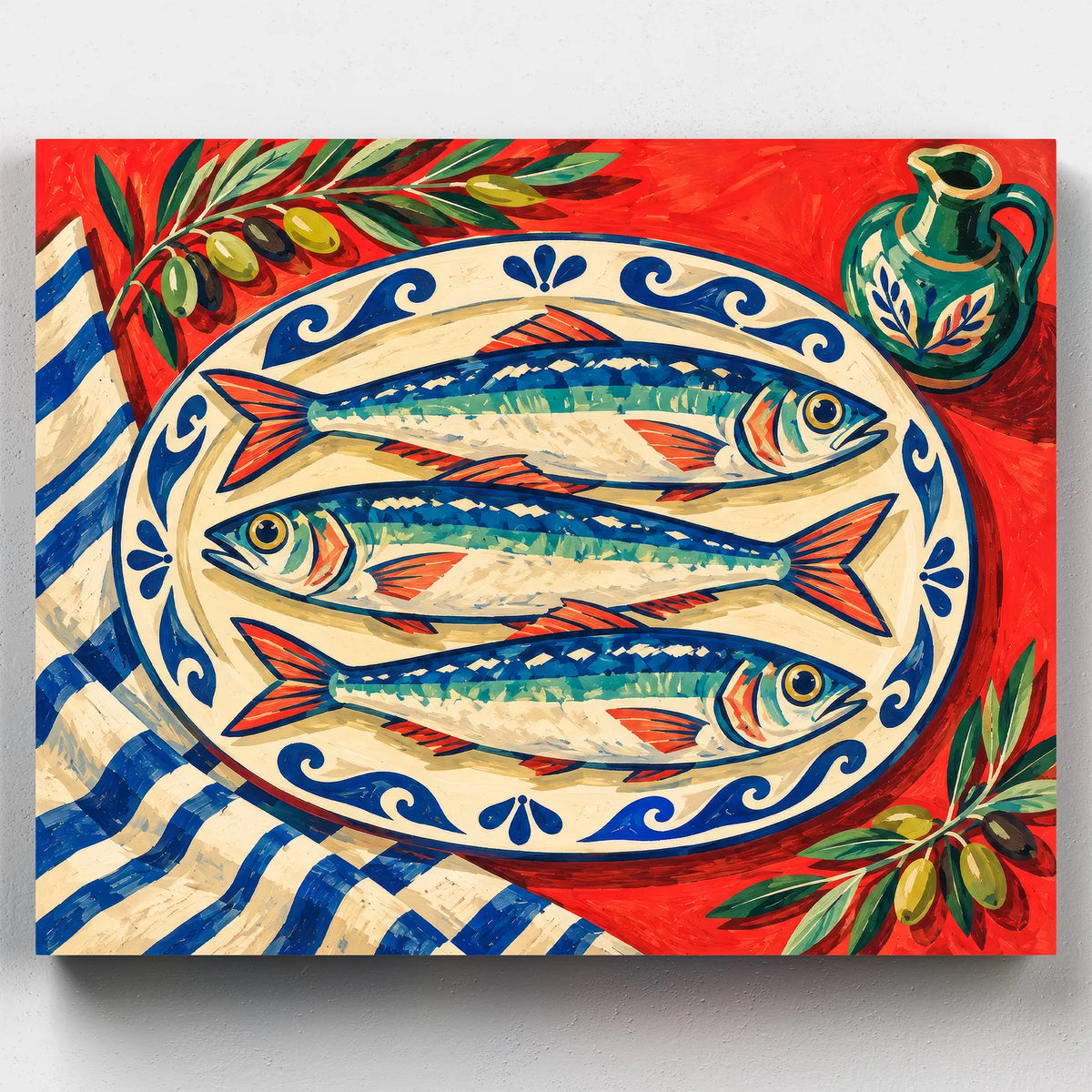 Scarlet Table Sardines paint by numbers kit with three sardines on a blue and white platter on a red table