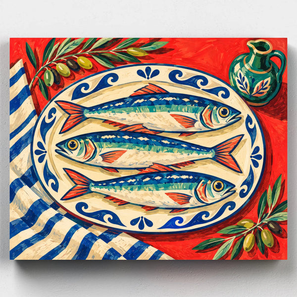 Scarlet Table Sardines paint by numbers kit with three sardines on a blue and white platter on a red table