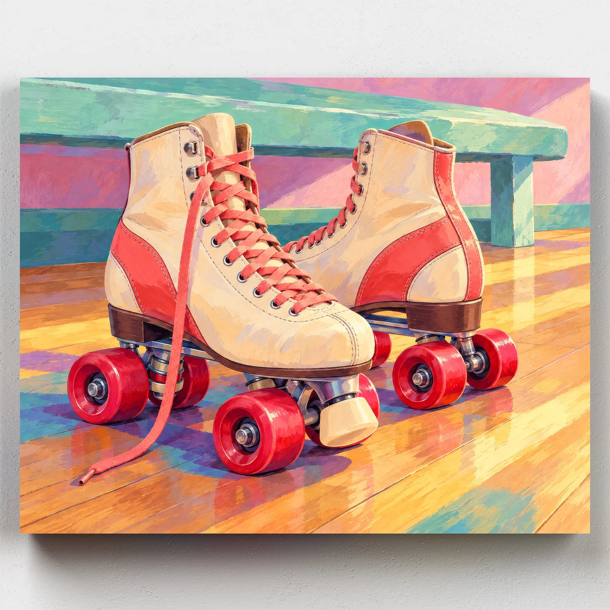 Roller Rink Saturday paint by numbers kit with cream roller skates with red wheels on a wooden floor
