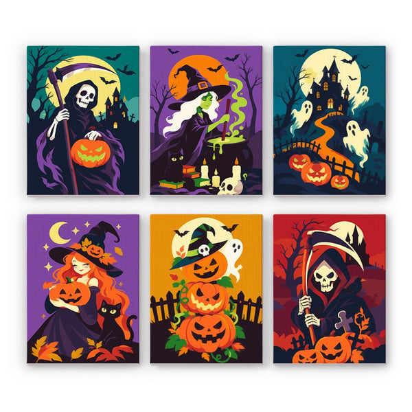 Scythes & Broomsticks mini paint by numbers set showing all six Halloween designs