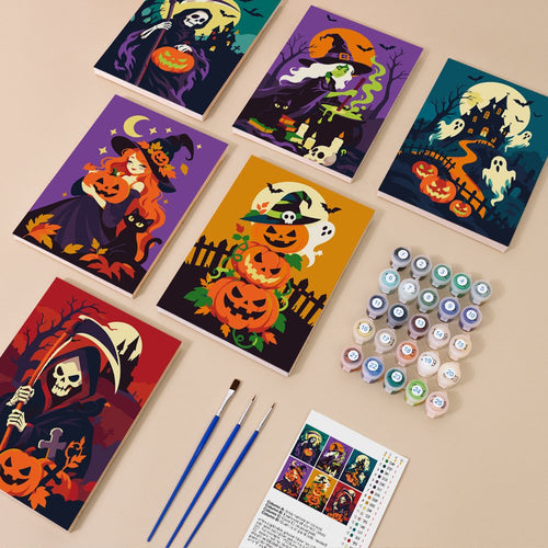 Scythes & Broomsticks kit contents with six numbered canvases, paints, brushes and reference sheet