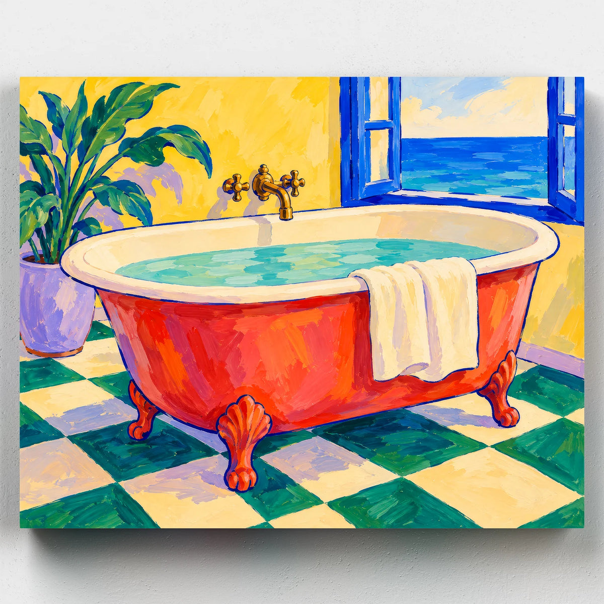 Sea View Soak paint by numbers kit with a coral clawfoot bathtub on a green checkered floor by a sea view window