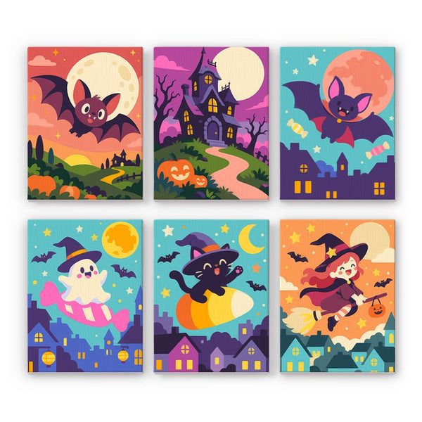 Sherbet Sunset Spooks mini paint by numbers set showing all six Halloween designs