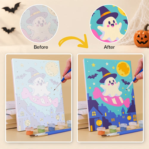 Before and after painting a Sherbet Sunset Spooks mini canvas