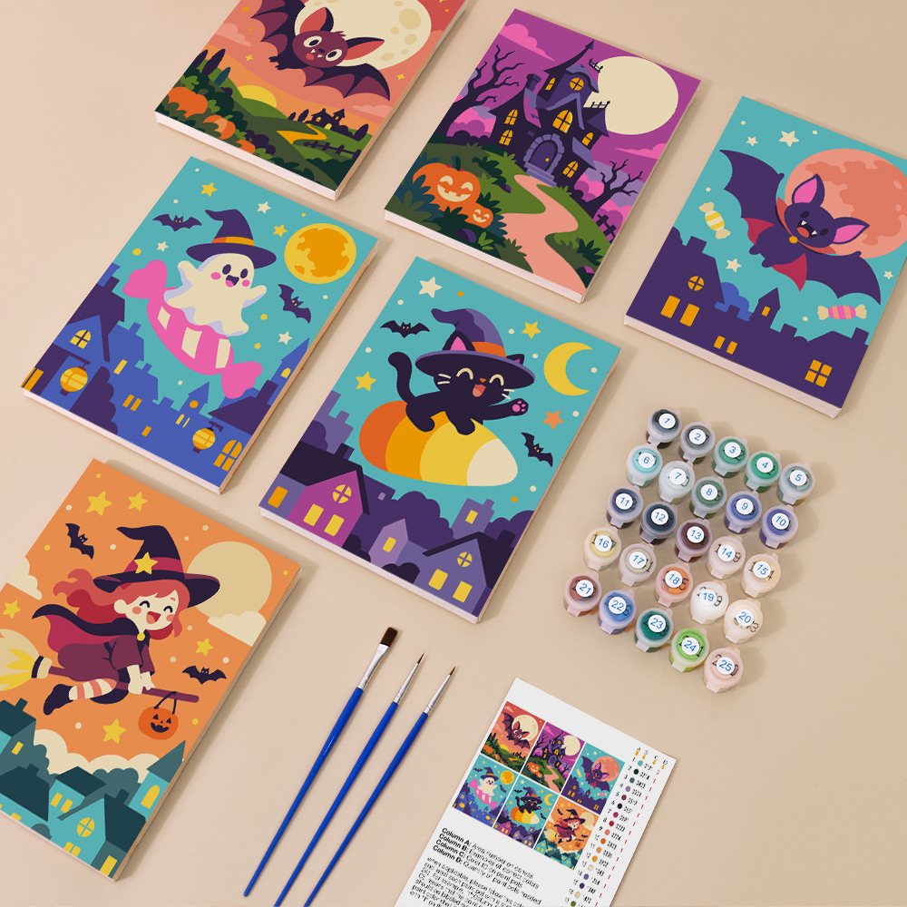 Sherbet Sunset Spooks kit contents with six numbered canvases, paints, brushes and reference sheet