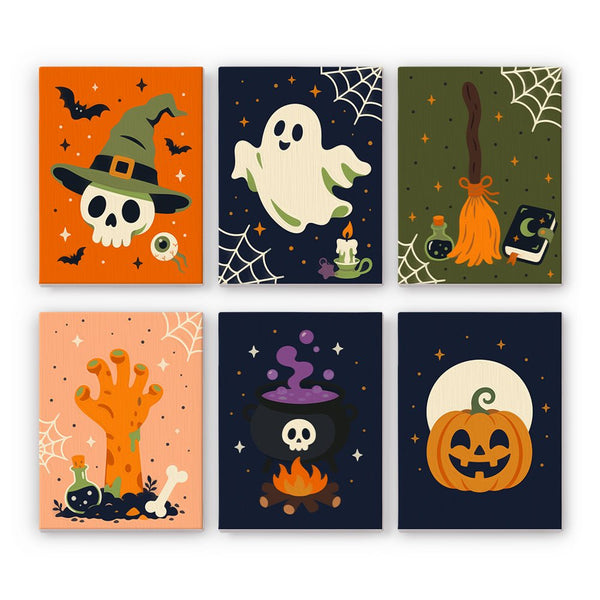 Skulls, Brooms & Cobwebs mini paint by numbers set showing all six Halloween designs