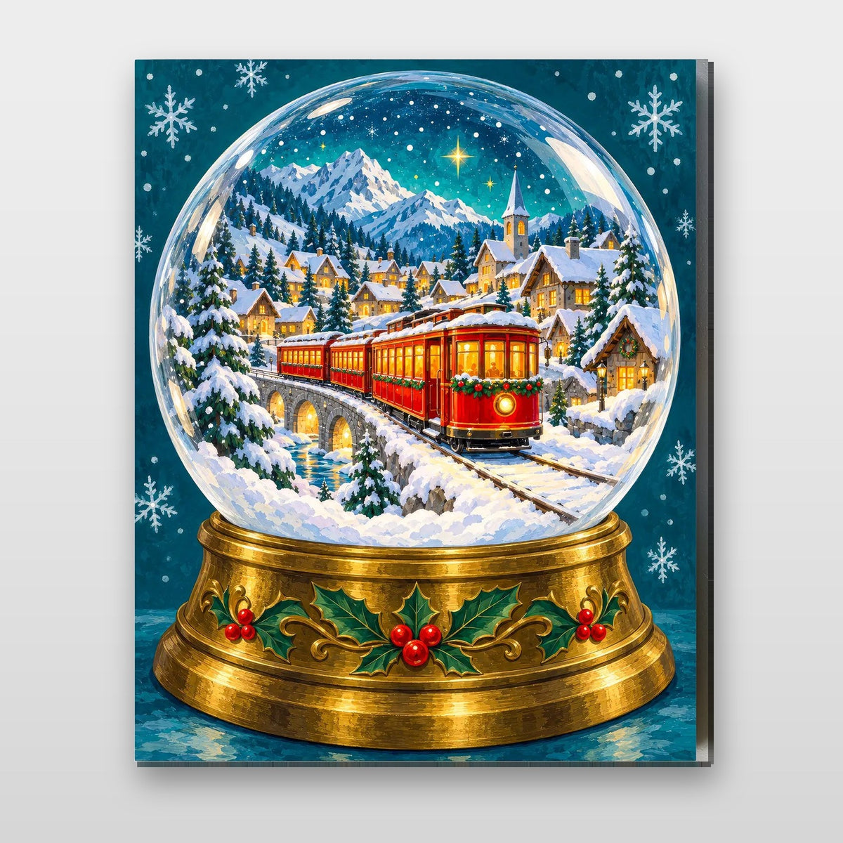 Snow Globe Express. A red train crosses a bridge through a snowy village inside a snow globe in this Christmas paint by numbers kit.