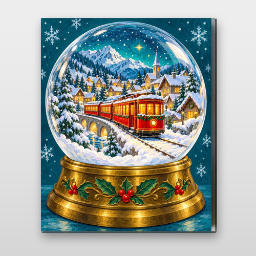 Snow Globe Express. A red train crosses a bridge through a snowy village inside a snow globe in this Christmas paint by numbers kit.