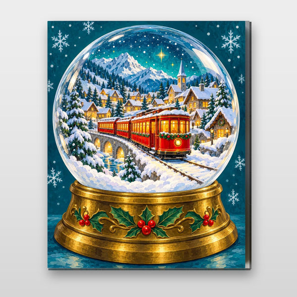 Snow Globe Express. A red train crosses a bridge through a snowy village inside a snow globe in this Christmas paint by numbers kit.